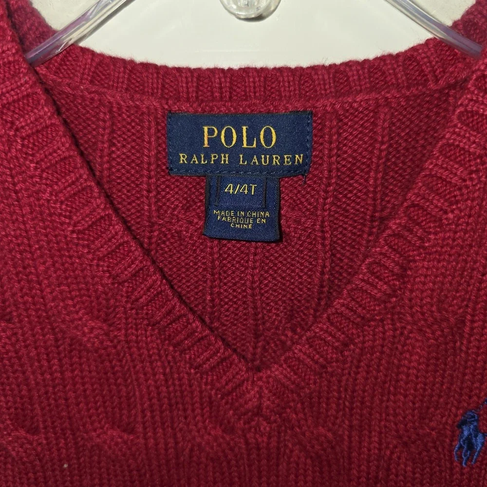 POLO By Ralph Lauren Size 4 Toddler Boys Red Sweater Vest Cotton & Blue Pony